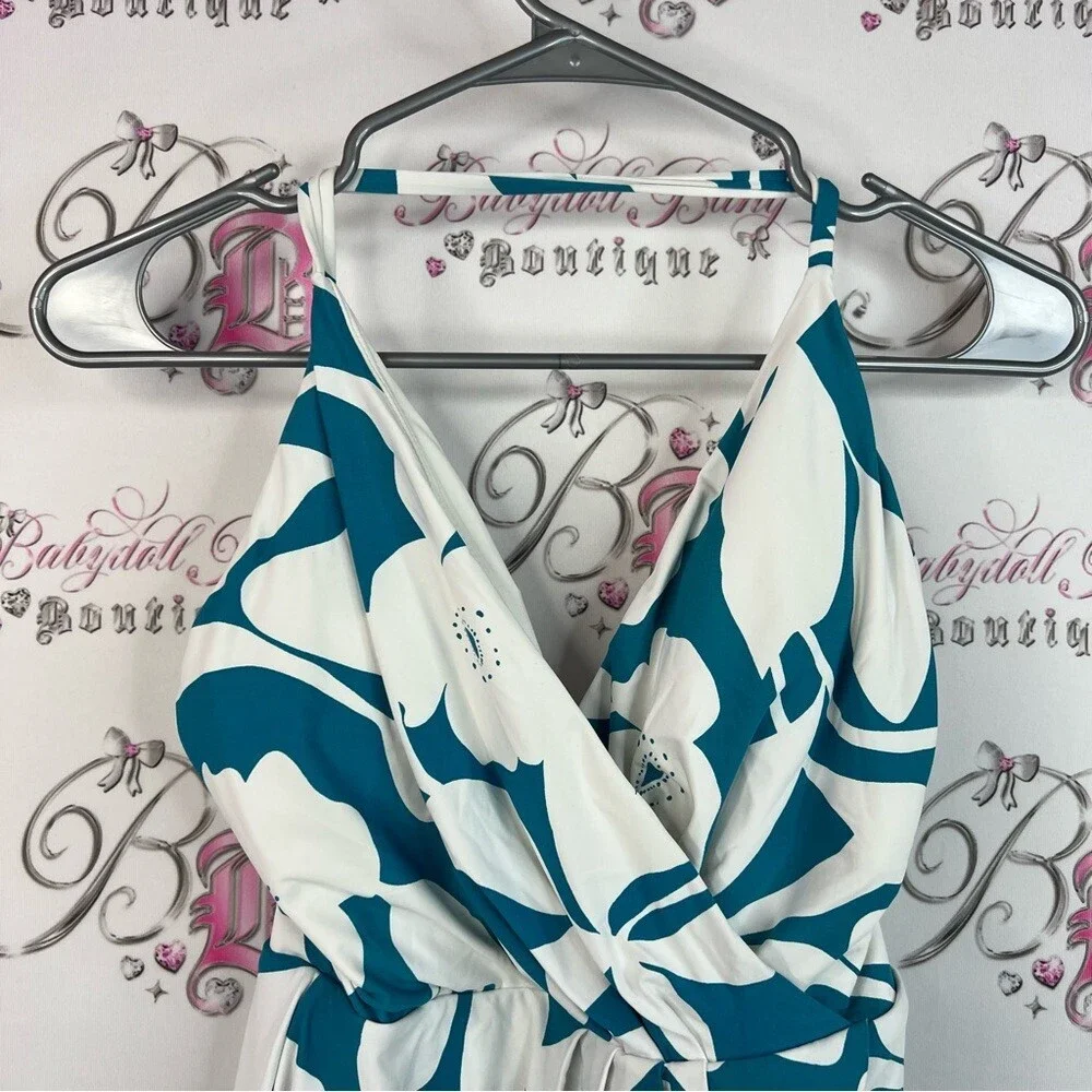 Anne Cole bathing suit one piece dress look Teal and White Floral flowers